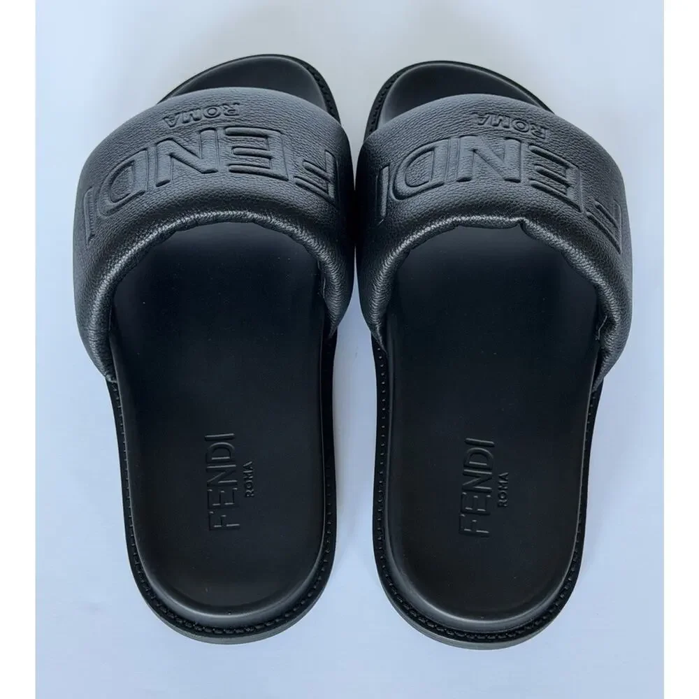 Fendi Men's Roma Leather Slide Sandals Black 9 US/8 UK IT 7X1649 NIB $750